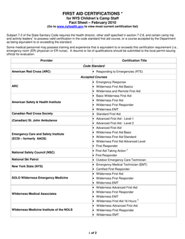 FIRST AID CERTIFICATIONS * for NYS Children’S Camp Staff Fact Sheet – February 2010 (Go to to View Most Current Certification List)