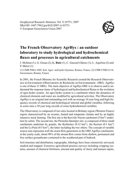 The French Observatory Agrhys : an Outdoor Laboratory to Study Hydrological and Hydrochemical ﬂuxes and Processes in Agricultural Catchments J