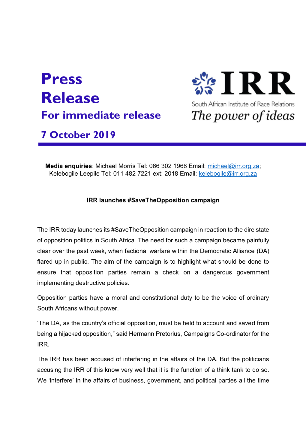 Press Release for Immediate Release