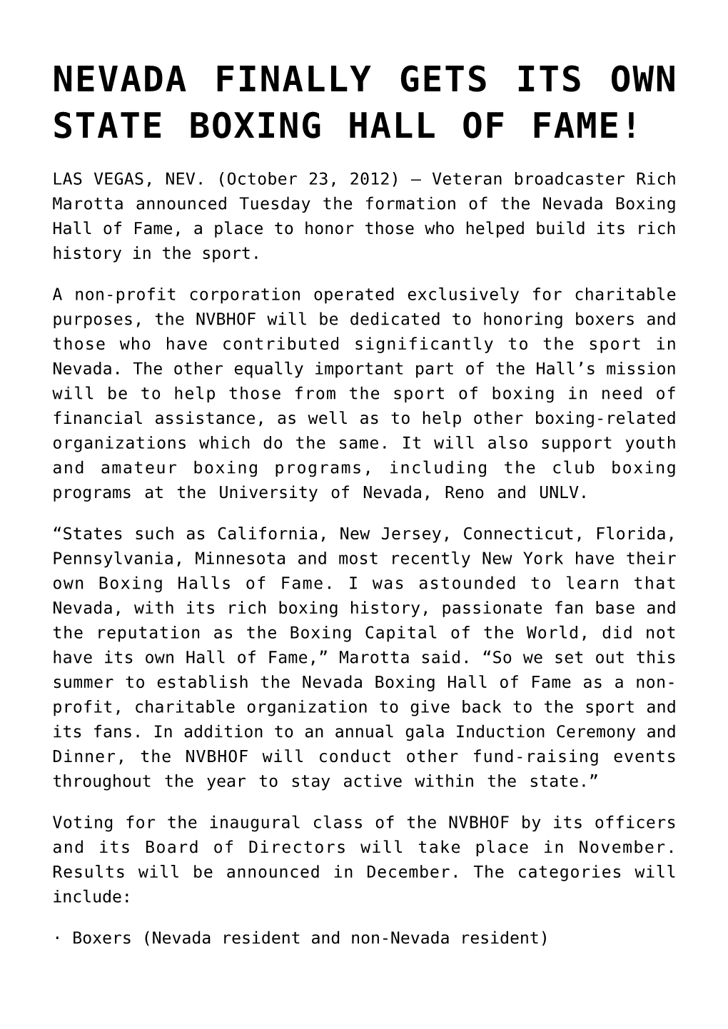 Nevada Finally Gets Its Own State Boxing Hall of Fame!