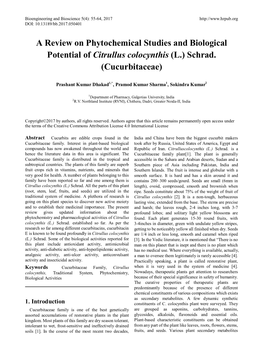 A Review on Phytochemical Studies and Biological Potential of Citrullus Colocynthis (L.) Schrad