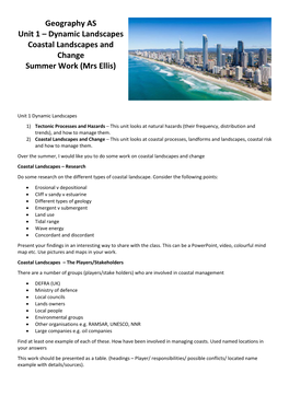 Geography AS Unit 1 – Dynamic Landscapes Coastal Landscapes and Change Summer Work (Mrs Ellis)