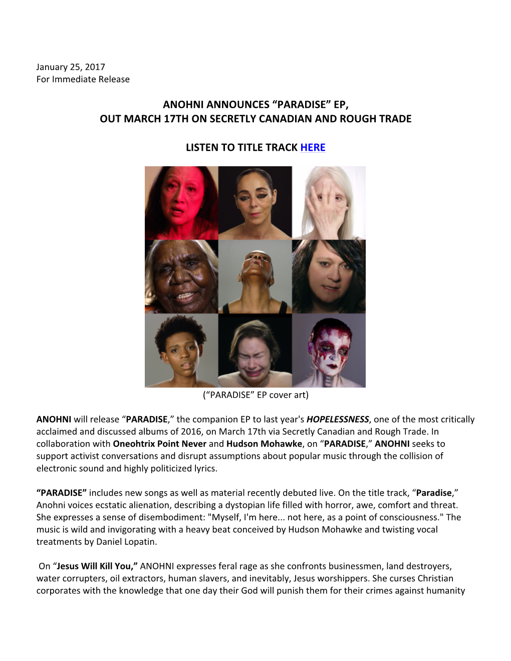 Anohni Announces “Paradise” Ep, out March 17Th on Secretly Canadian and Rough Trade