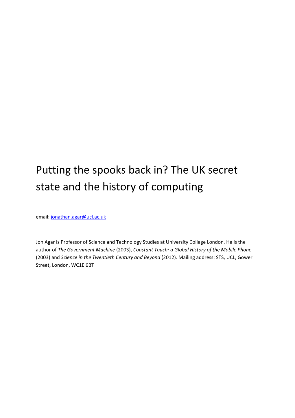 The UK Secret State and the History of Computing