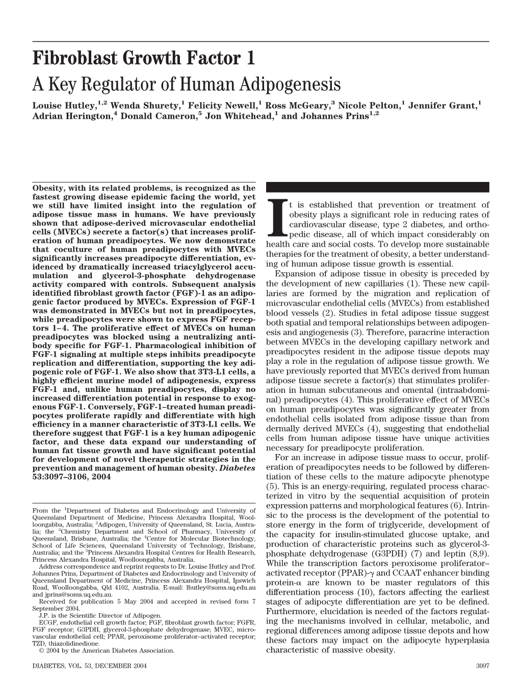 Fibroblast Growth Factor 1 a Key Regulator of Human Adipogenesis