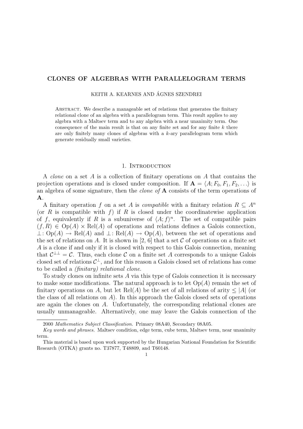 Clones of Algebras with Parallelogram Terms 11