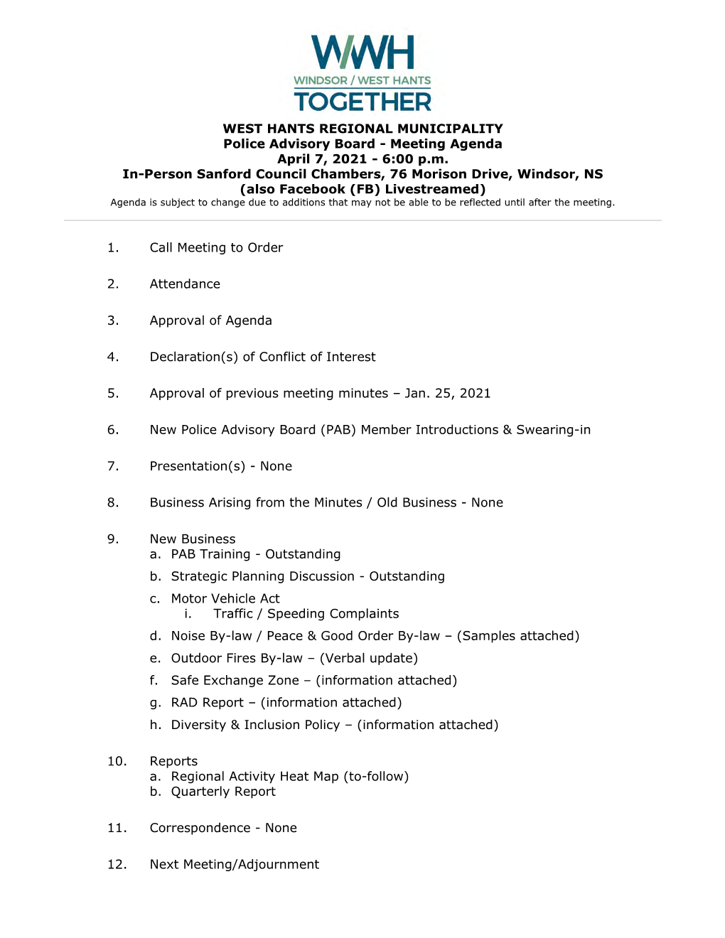 WEST HANTS REGIONAL MUNICIPALITY Police Advisory Board - Meeting Agenda April 7, 2021 - 6:00 P.M