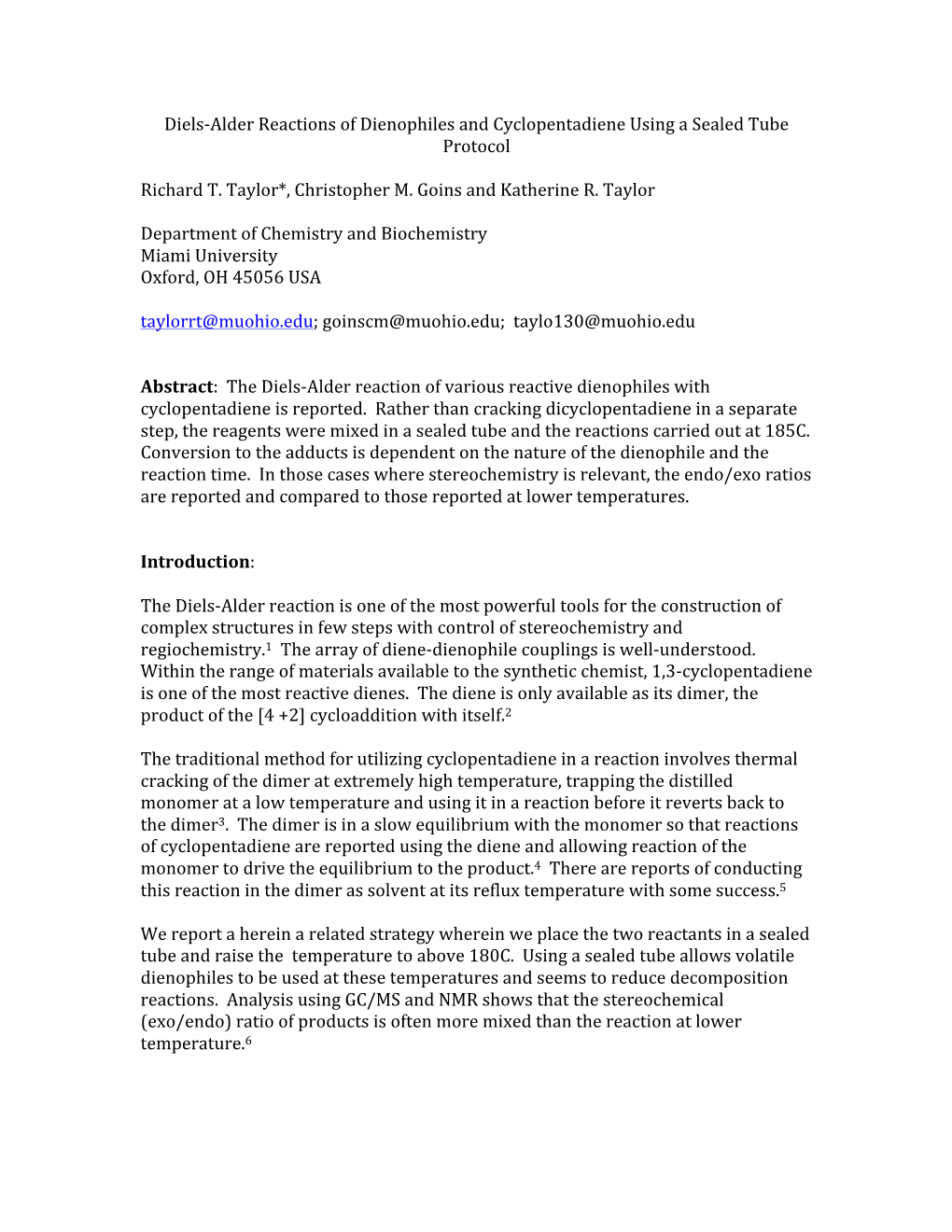 Diels-‐Alder Reactions of Dienophiles and Cyclopentadiene Using A