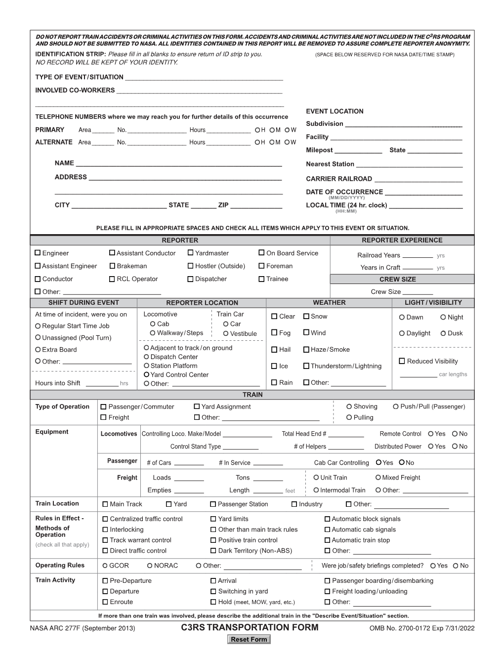 C3RS Transportation Report Form