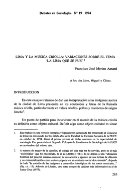 Debates En Sociología. No 19 1994 LIMA Y LA MUSICA CRIOLLA