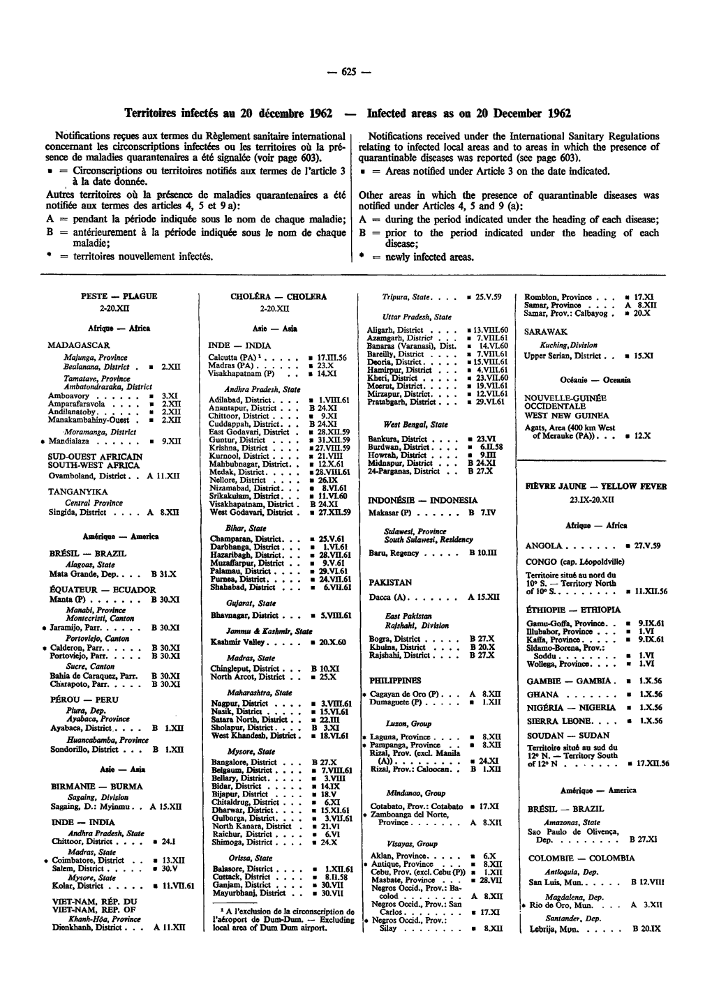 Territoires Infectés Au 20 Décembre 1962 — Infected Areas As on 20 December 1962