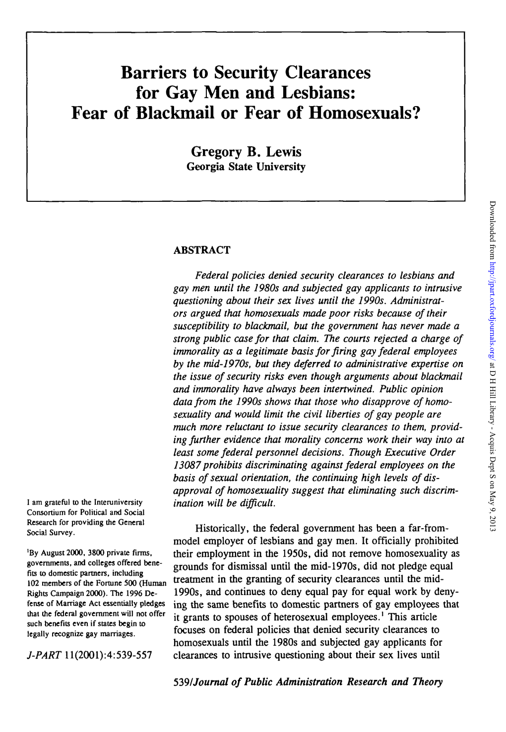 Barriers to Security Clearances for Gay Men and Lesbians: Fear of Blackmail Or Fear of Homosexuals?