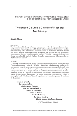 The British Columbia College of Teachers: an Obituary