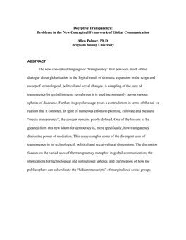 Transparency: Problems in the New Conceptual Framework of Global Communication
