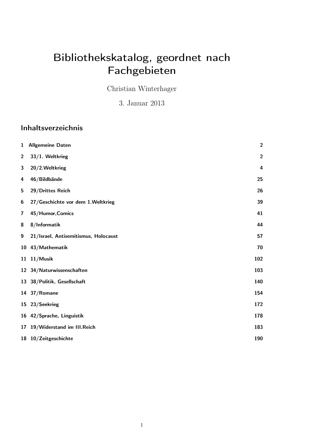 Bibliothekskatalog, Geordnet Nach Fachgebieten