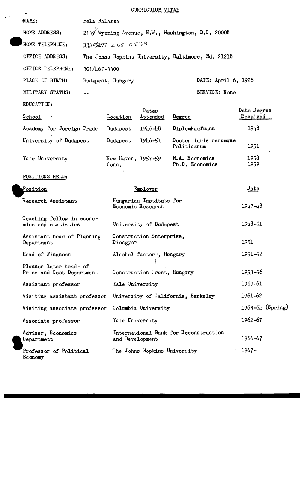 CURRICULUM VITAE Bela Balassa 2139 .. \Olyoming Avenue, N