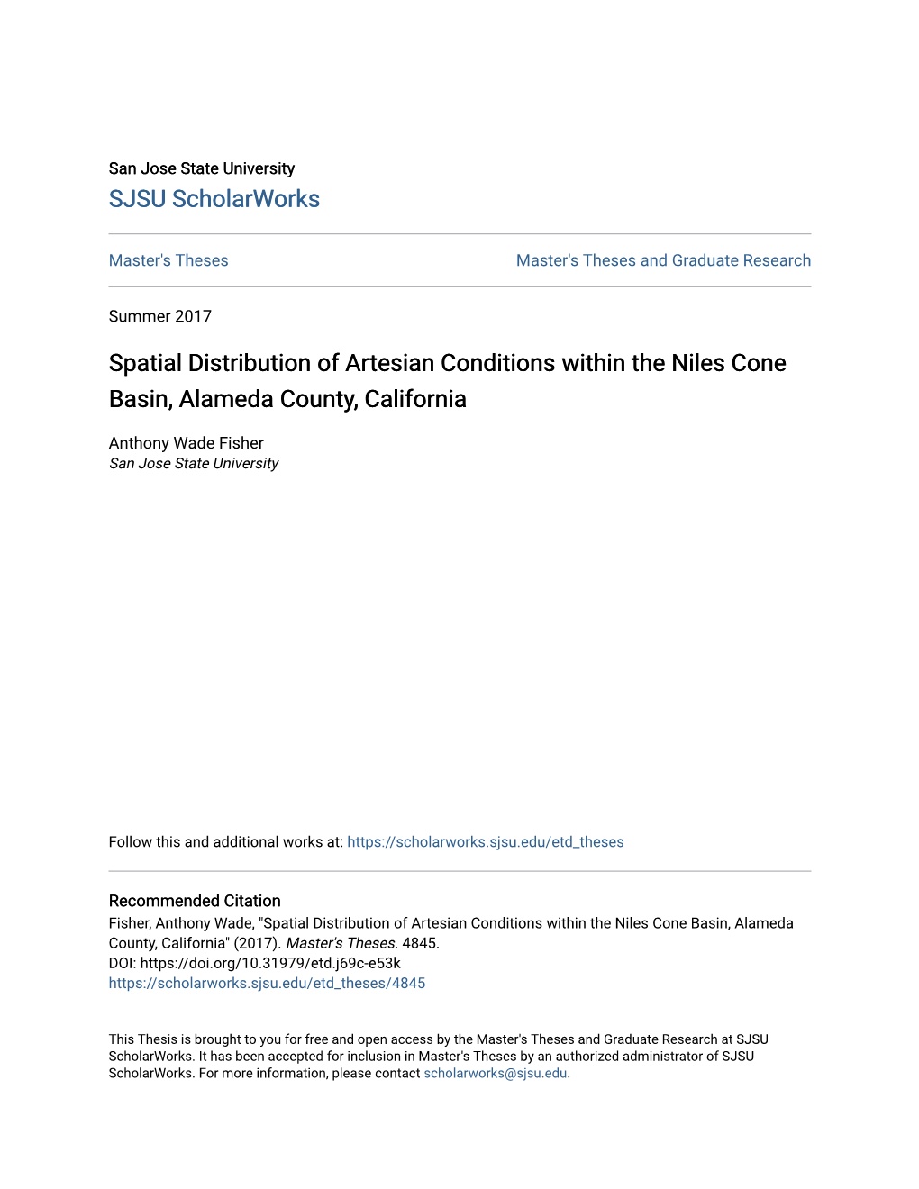 Spatial Distribution of Artesian Conditions Within the Niles Cone Basin, Alameda County, California