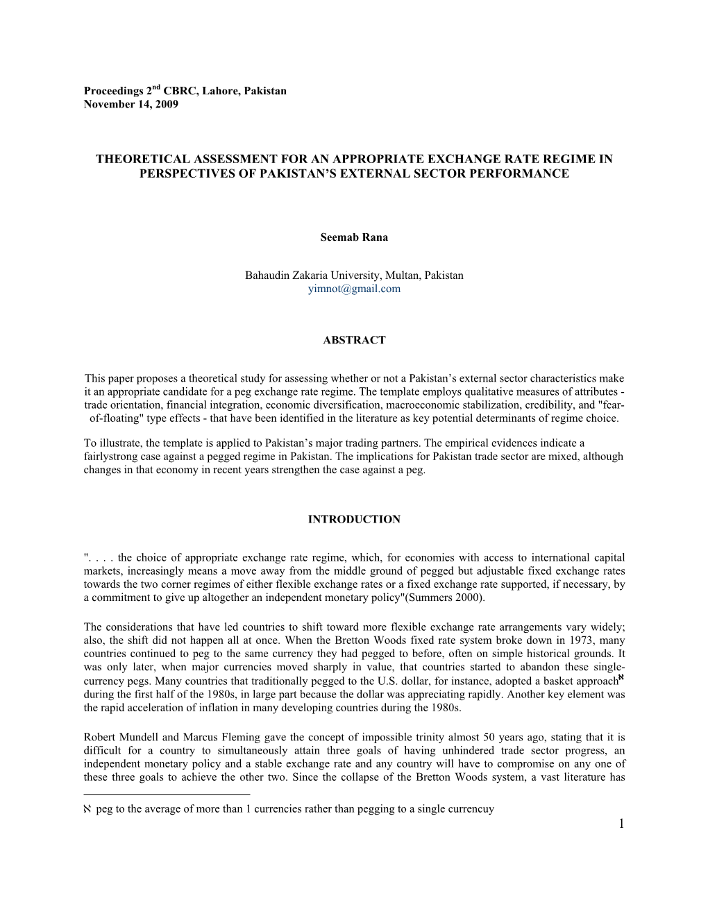 Theoretical Assessment for an Appropriate Exchange Rate Regime in Perspectives of Pakistan’S External Sector Performance