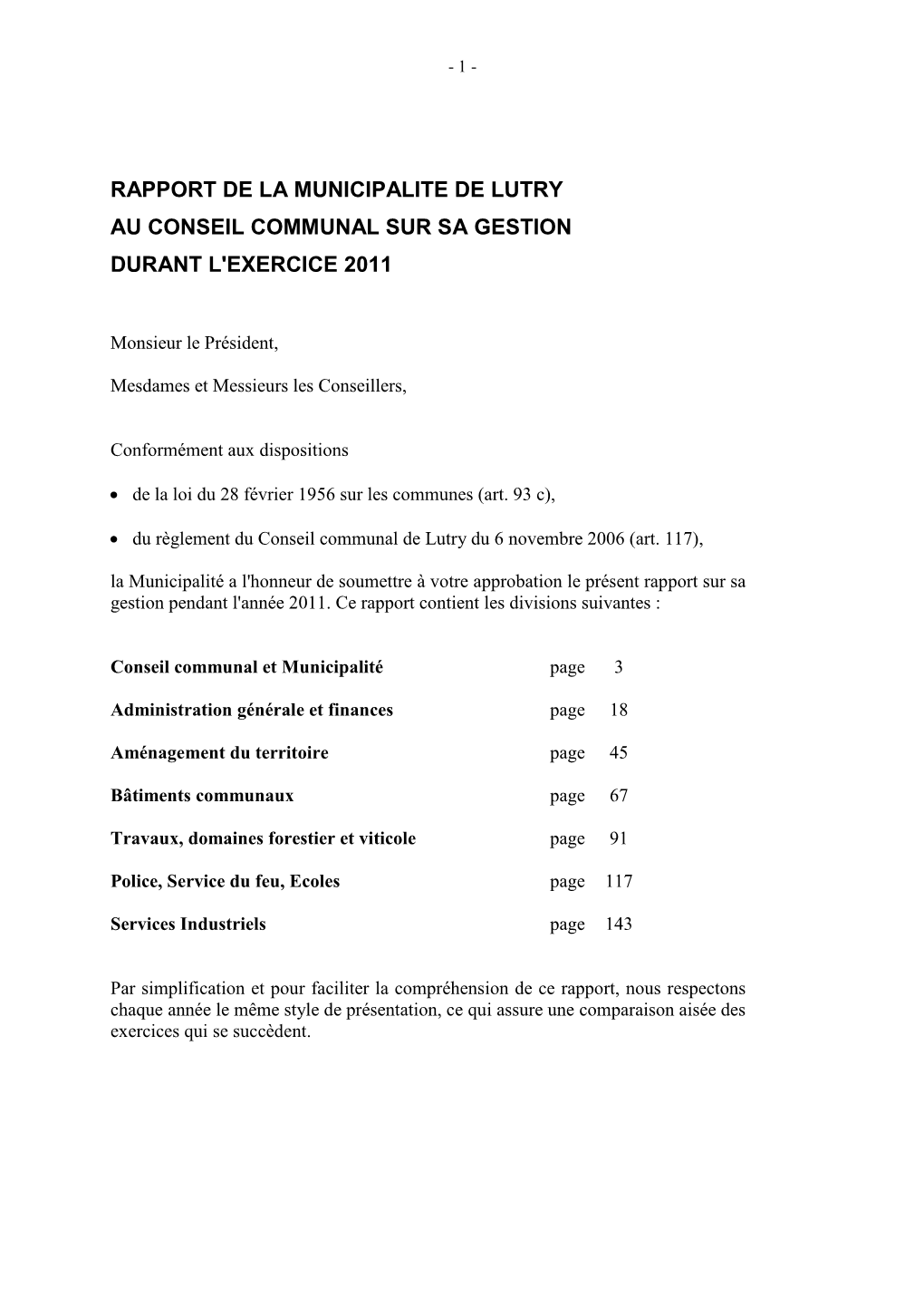 Rapport De La Municipalite De Lutry Au Conseil Communal Sur Sa Gestion Durant L'exercice 2011