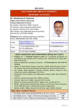 Dr. Shreeniwas K. Omanwar Major Nominations and Achievements During Last 5 Years. High Lights- Academic Record