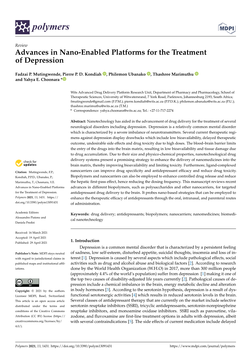 Advances in Nano-Enabled Platforms for the Treatment of Depression