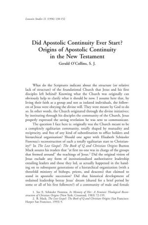 Did Apostolic Continuity Ever Start? Origins of Apostolic Continuity in the New Testament Gerald O'collins, S