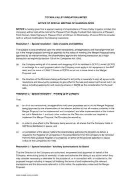 TOTARA VALLEY IRRIGATION LIMITED NOTICE of SPECIAL MEETING of SHAREHOLDERS NOTICE Is Hereby Given That a Special Meeting of Shar