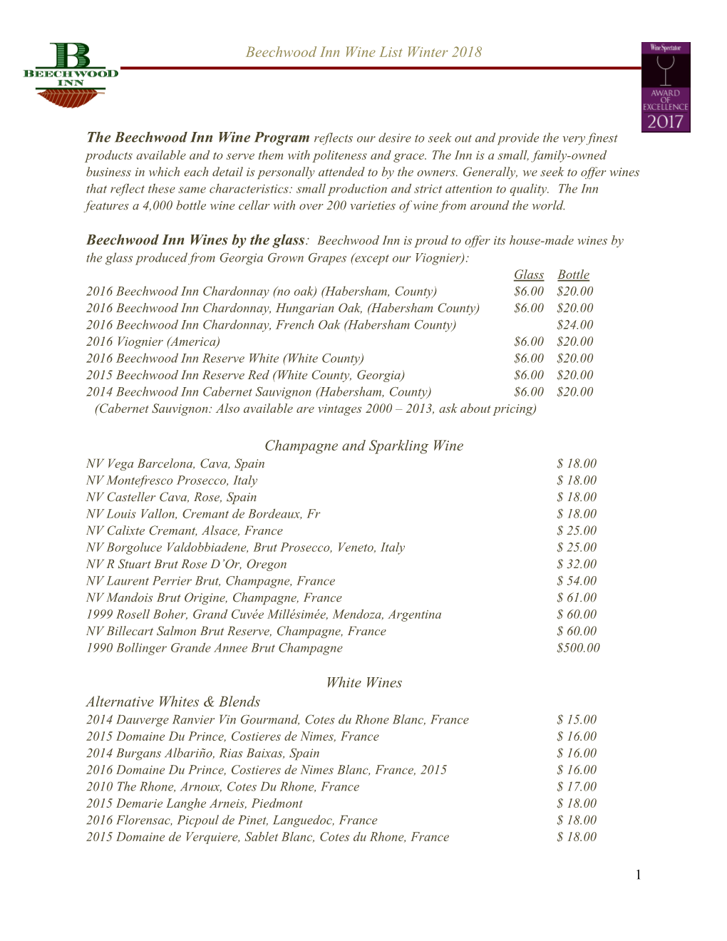 Beechwood Inn Wine List Winter 2013