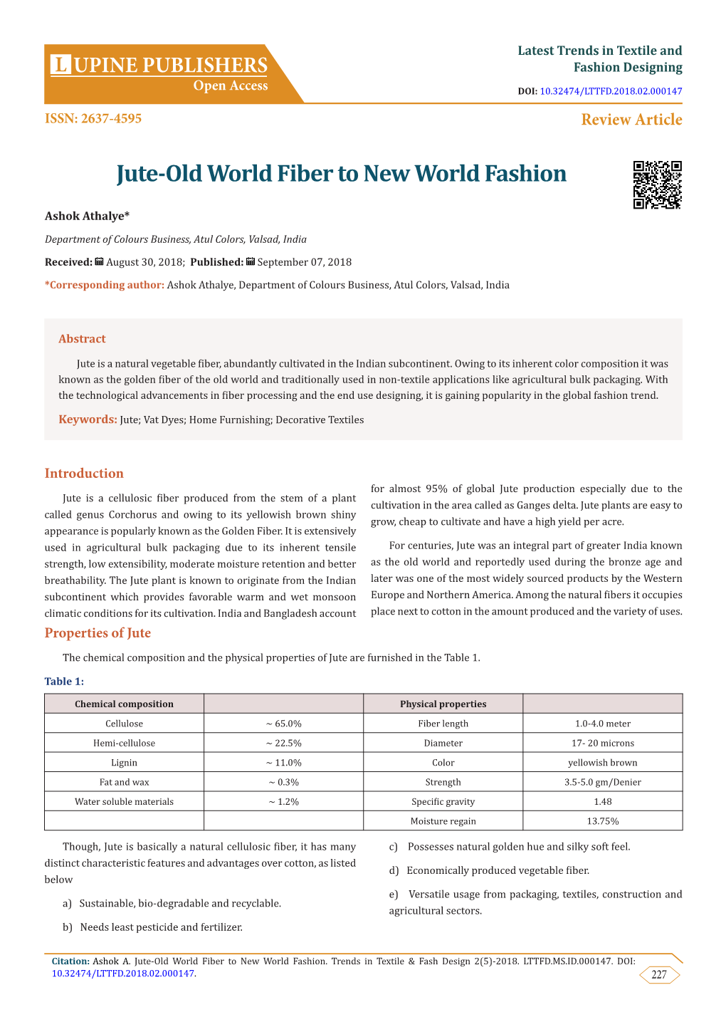 Jute-Old World Fiber to New World Fashion