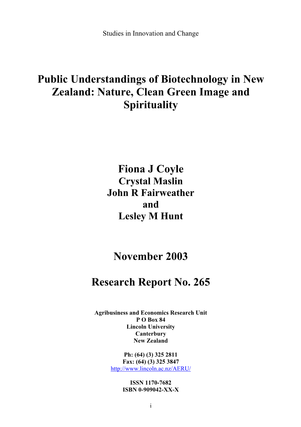 Public Understandings of Biotechnology in New Zealand: Nature, Clean Green Image and Spirituality