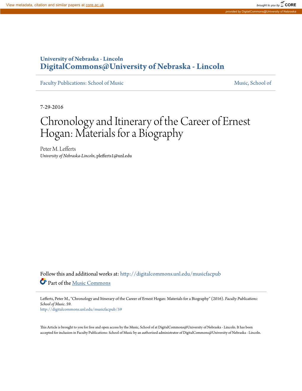 Chronology and Itinerary of the Career of Ernest Hogan: Materials for a Biography Peter M