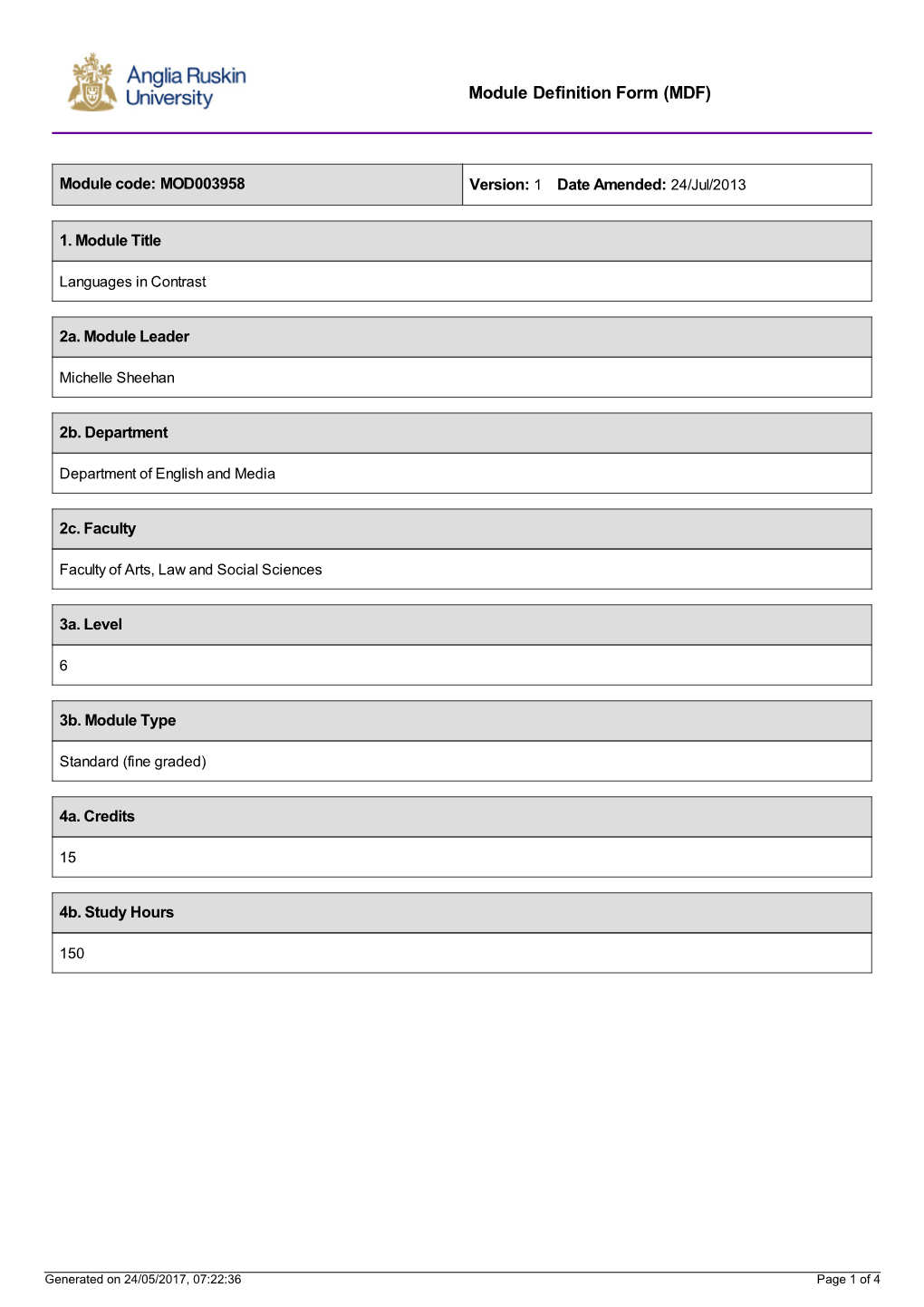 Module Definition Form (MDF)