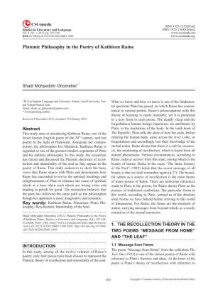 Platonic Philosophy in the Poetry of Kathleen Raine