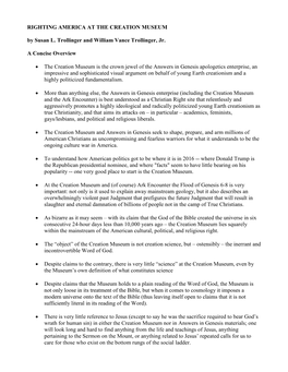 RIGHTING AMERICA at the CREATION MUSEUM by Susan L. Trollinger and William Vance Trollinger, Jr. a Concise Overview • the Crea