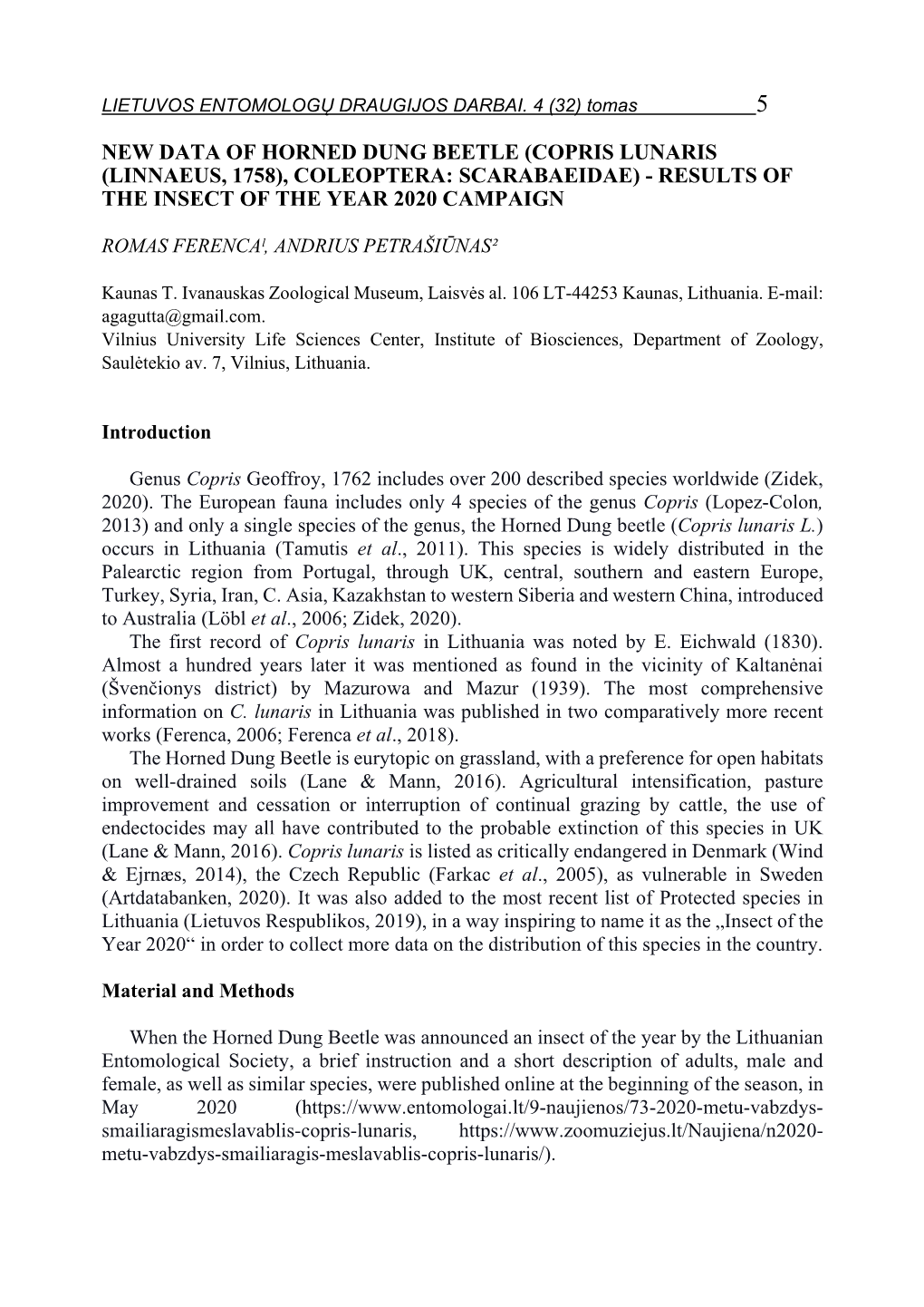 New Data of Horned Dung Beetle (Copris Lunaris (Linnaeus, 1758), Coleoptera: Scarabaeidae) - Results of the Insect of the Year 2020 Campaign