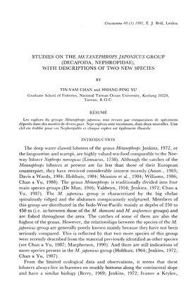 STUDIES on the METANEPHROPS JAPONICUS GROUP (DECAPODA, NEPHROPIDAE), with DESCRIPTIONS of TWO NEW SPECIES by TIN-YAM CHAN and HS