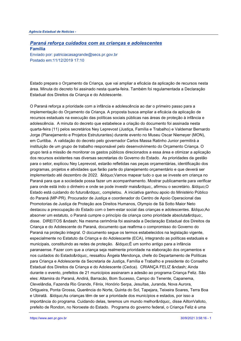 Paraná Reforça Cuidados Com As Crianças E Adolescentes Família Enviado Por: Patriciacasagrande@Secs.Pr.Gov.Br Postado Em:11/12/2019 17:10