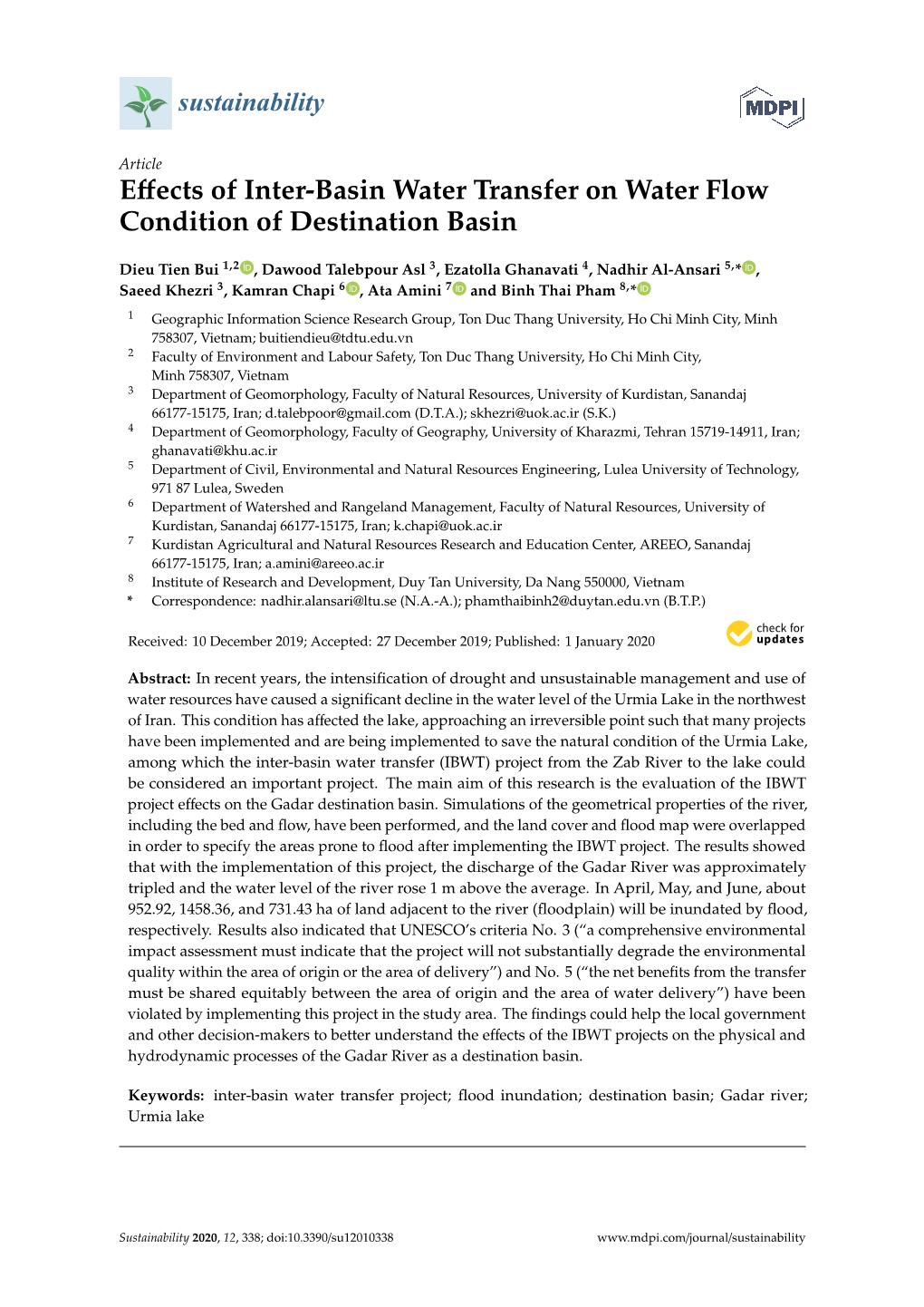 Effects of Inter-Basin Water Transfer on Water Flow Condition of Destination Basin