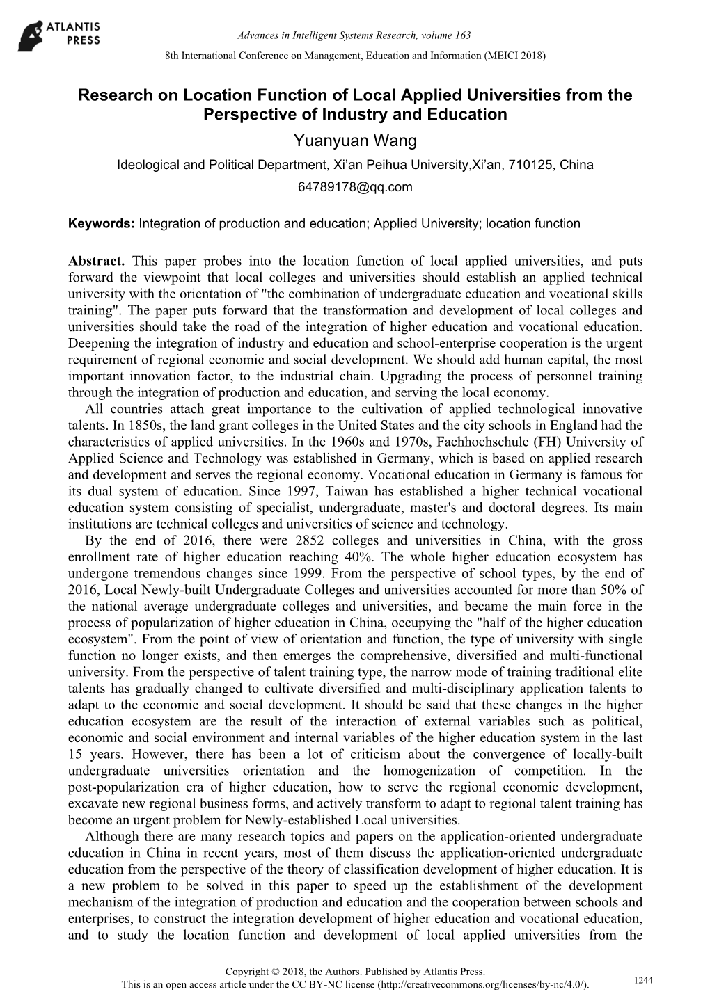 Research on Location Function of Local Applied Universities from the Perspective of Industry and Education Yuanyuan Wang