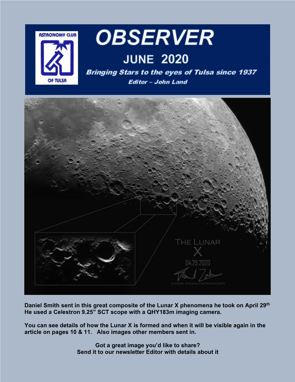 Daniel Smith Sent in This Great Composite of the Lunar X Phenomena He Took on April 29Th He Used a Celestron 9.25” SCT Scope with a Qhy183m Imaging Camera