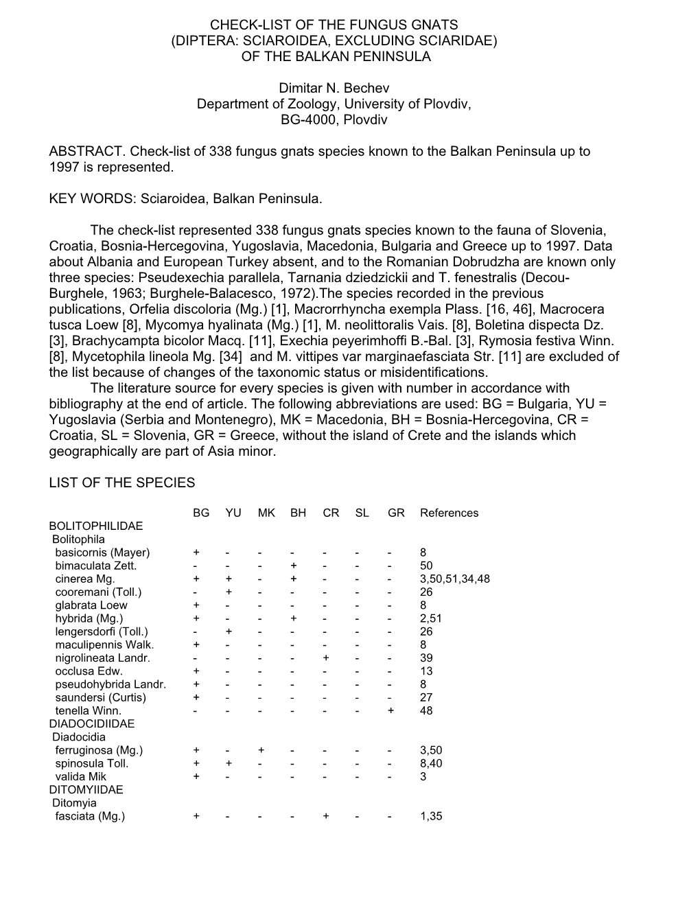 Check-List of the Fungus Gnats (Diptera: Sciaroidea, Excluding Sciaridae) of the Balkan Peninsula