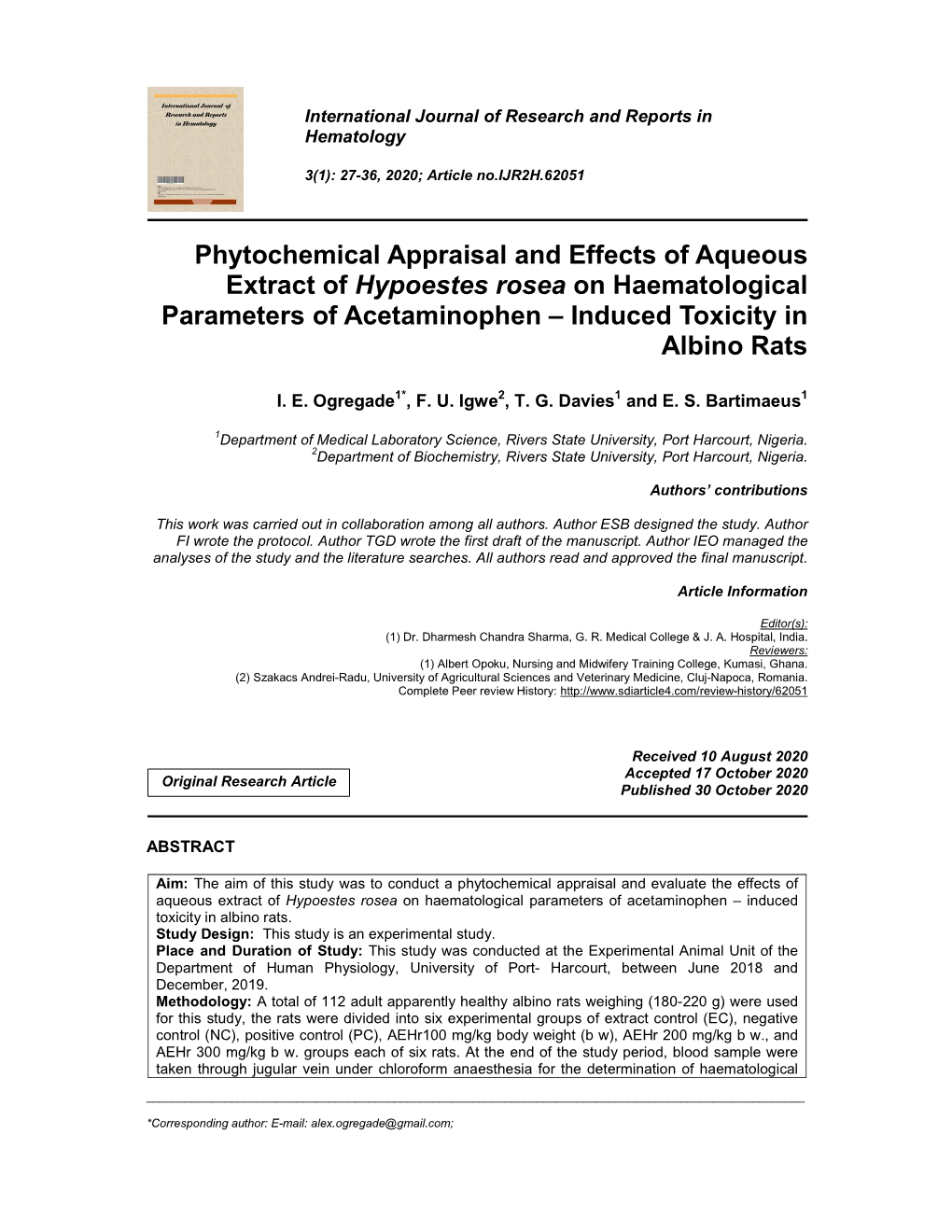 Phytochemical Appraisal and Effects of Aqueous Extract of Hypoestes Rosea on Haematological Parameters of Acetaminophen – Induced Toxicity in Albino Rats