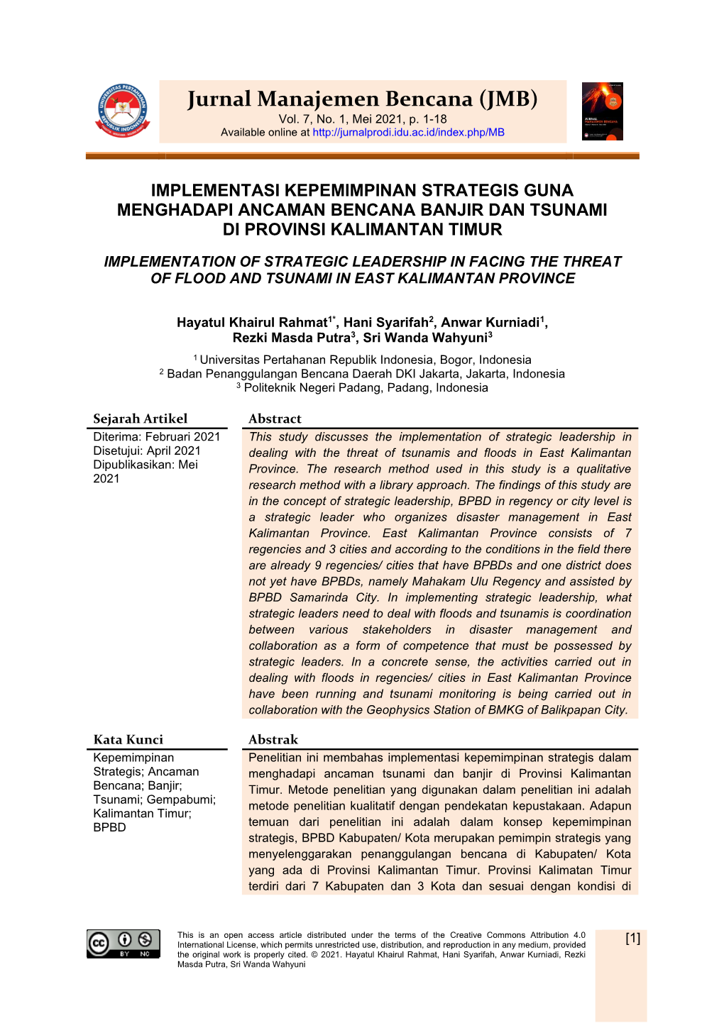 Jurnal Manajemen Bencana (JMB) Vol