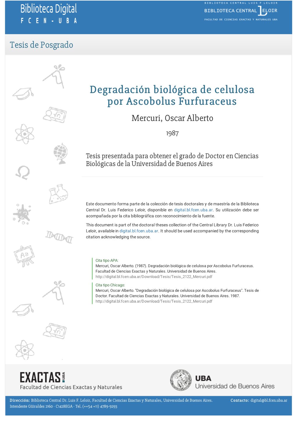 Degradación Biológica De Celulosa Por Ascobolus Furfuraceus Mercuri, Oscar Alberto 1987