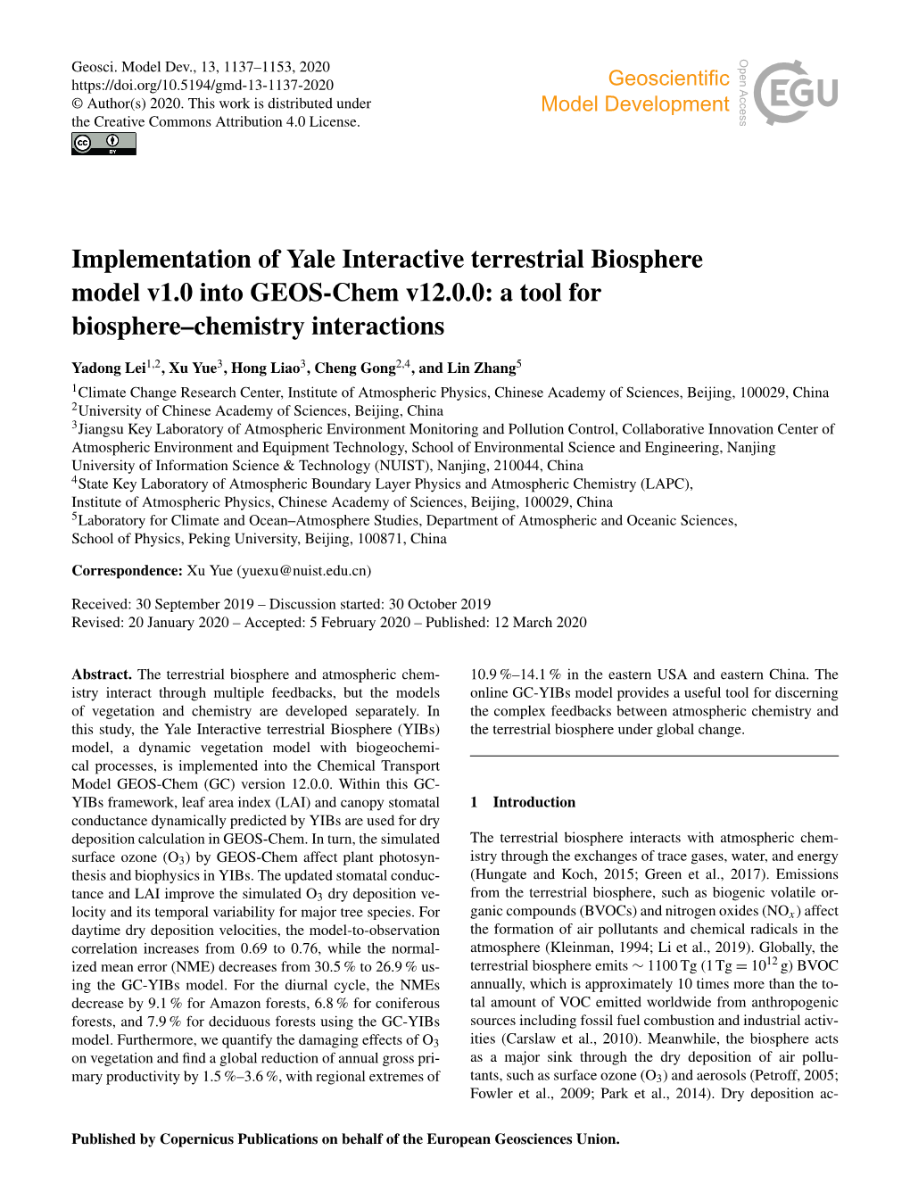 Implementation of Yale Interactive Terrestrial Biosphere Model V1.0 Into GEOS-Chem V12.0.0: a Tool for Biosphere–Chemistry Interactions