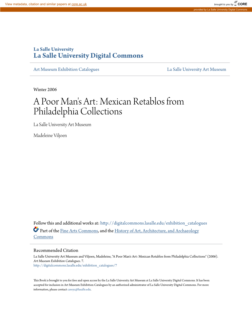 A Poor Man's Art: Mexican Retablos from Philadelphia Collections La Salle University Art Museum