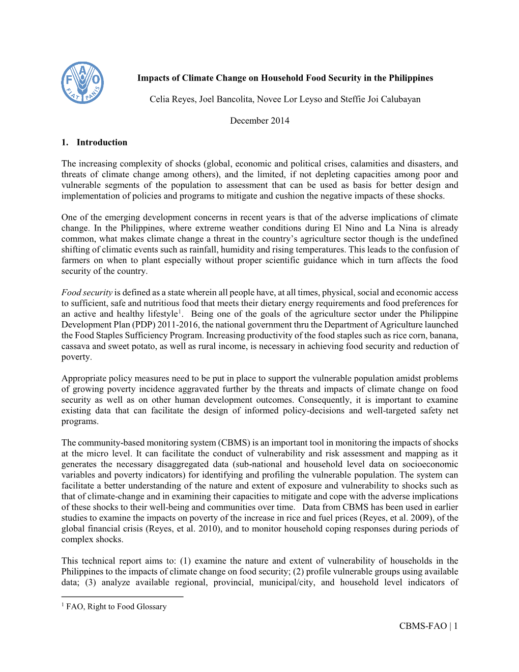 Impacts of Climate Change on Household Food Security in the Philippines