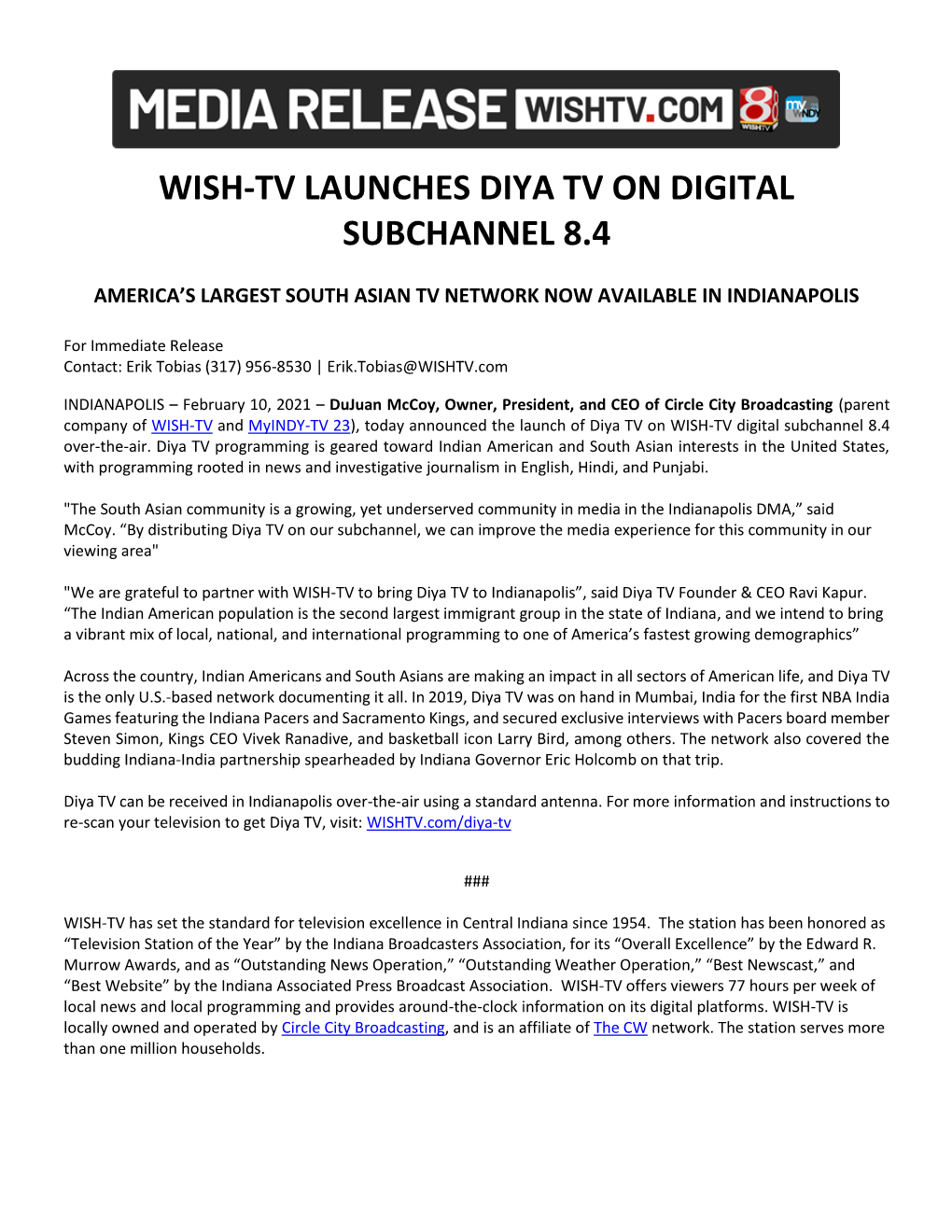 Wish-Tv Launches Diya Tv on Digital Subchannel 8.4