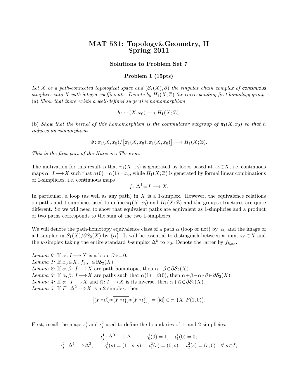 MAT 531: Topology&Geometry, II Spring 2011