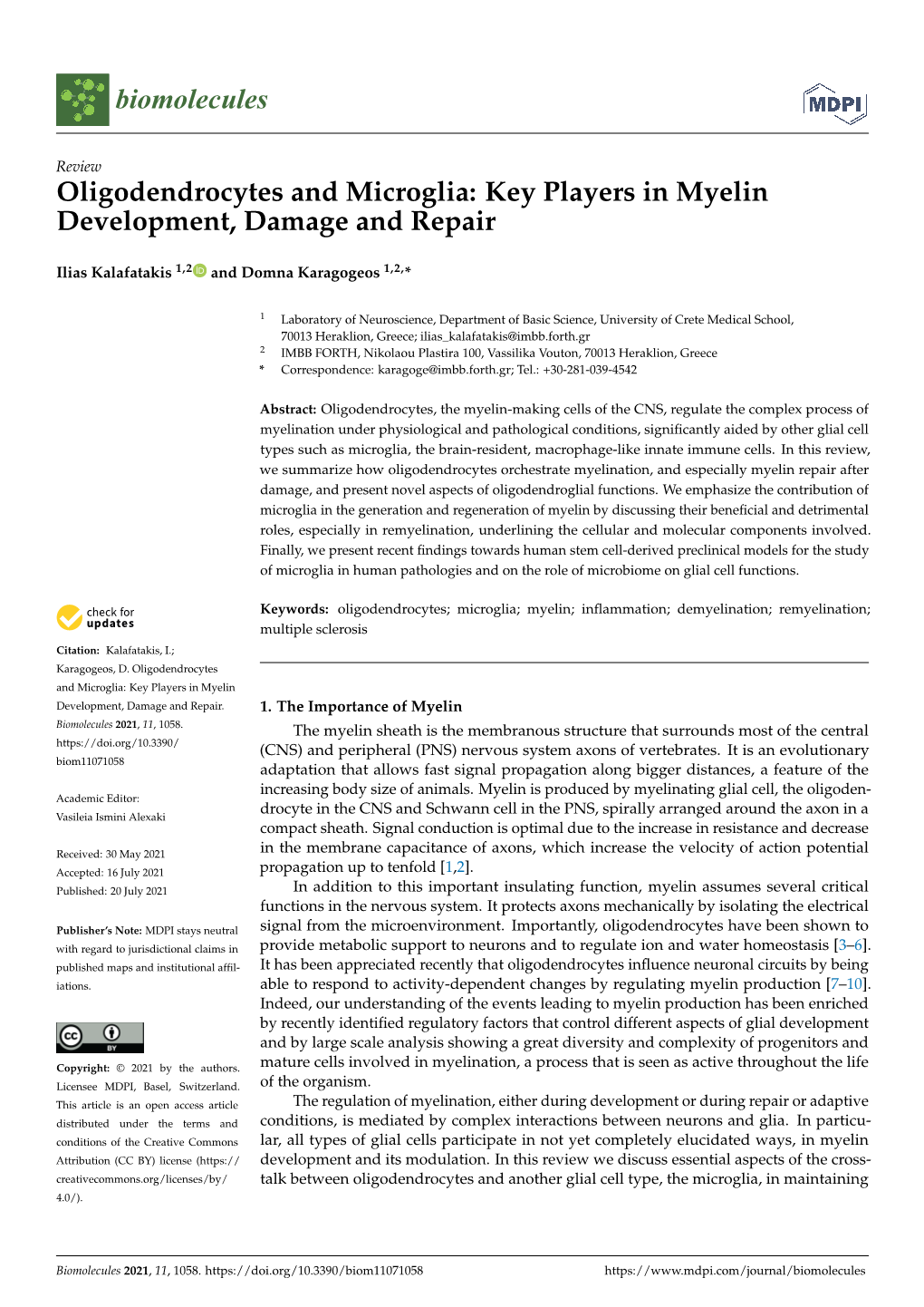 Oligodendrocytes and Microglia: Key Players in Myelin Development, Damage and Repair